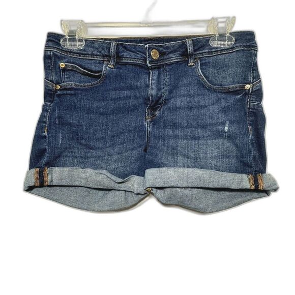 H&M & Denim Shorts Low Waist Dark Medium Blue Jeans Cuffed Cut Off Women sz 10 - Picture 1 of 11